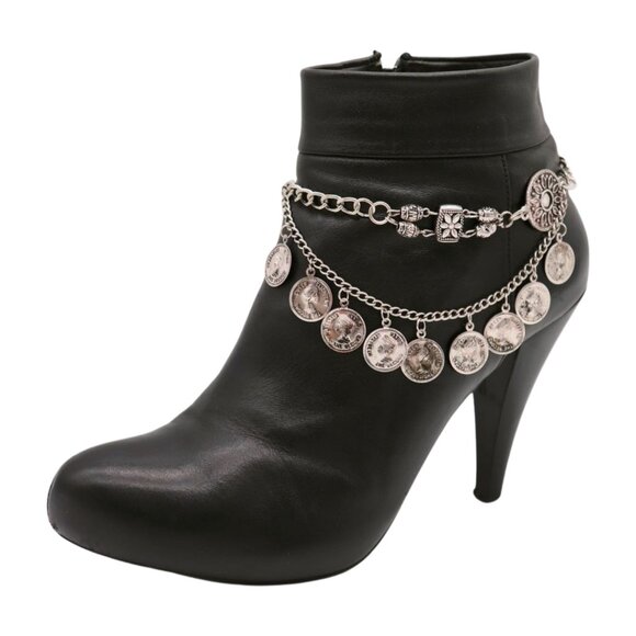 Women Silver Metal Boot Chain Bracelet Shoe Anklet Coin Wave Flower Charm SET - Picture 11 of 17